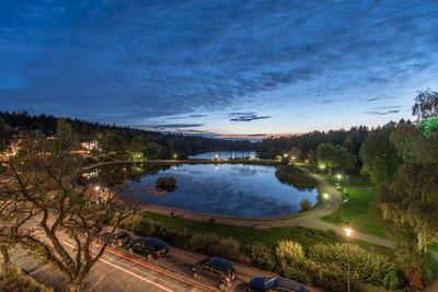 High angle view of swimming pool at night