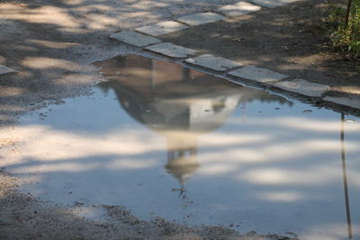 Reflection of water in puddle on street