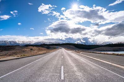 Scenic view along the mount cook road alongside with snow capped southern alps and majestic mt cook.