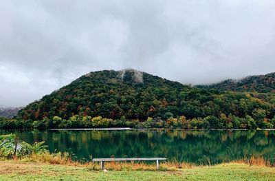 Scenic view of lake by trees against sky