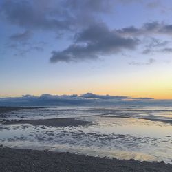 Scenic view of beach against sky during sunset