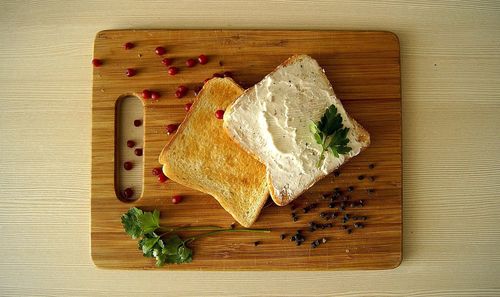 High angle view of food on cutting board