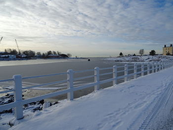 Snow covered landscape against sky