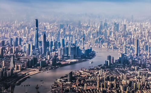 High angle view of skyscrapers in city