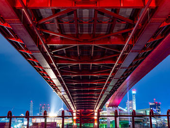 Low angle view of bridge against sky in city