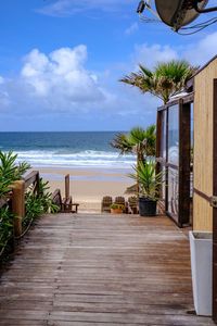 Scenic view of palm trees by sea against sky