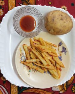 High angle view of food served on table