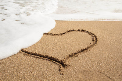 High angle view of heart shape on sand