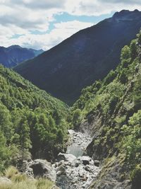 Scenic view of mountains against cloudy sky