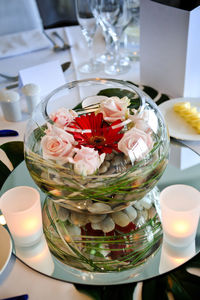 High angle view of ice cream in glass on table