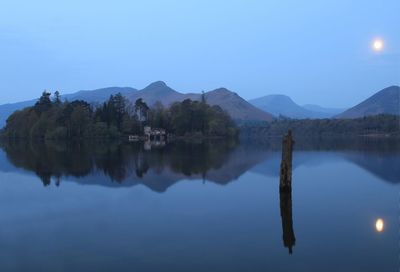 Scenic view of lake by mountains against clear sky