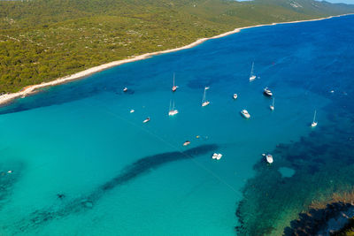 Aerial view of a beach with the boats on the sakarun beach, adriatic sea, croatia