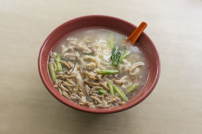 High angle view of soup in bowl