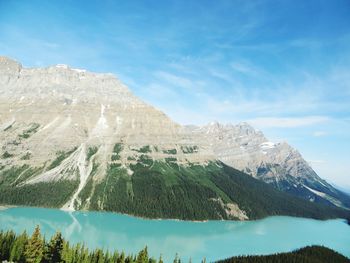 Idyllic shot of turquoise lake by rocky mountains against sky