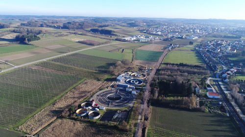 High angle view of agricultural field against sky