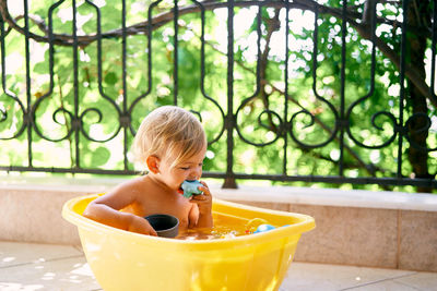 Portrait of shirtless boy sitting in water