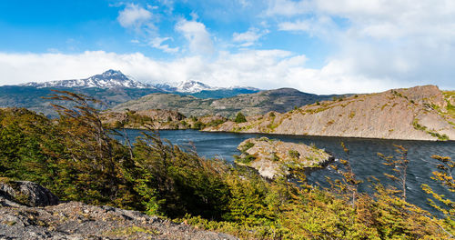 Scenic view of lake and mountains against sky