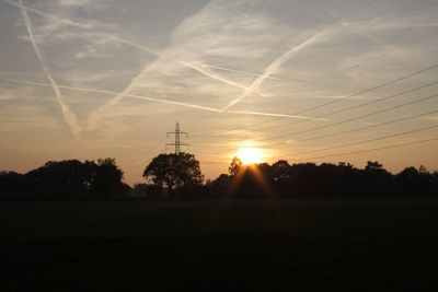 Silhouette trees on field against sky at sunset