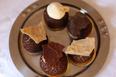 High angle view of dessert in plate on table