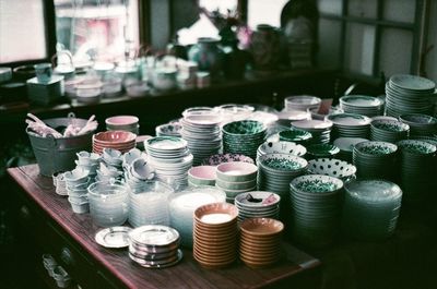 High angle view of objects on table