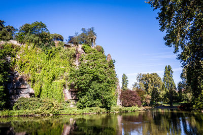 Scenic view of lake against clear blue sky