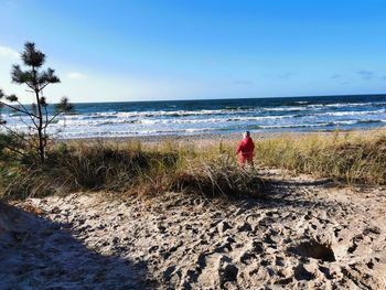 Rear view of person on beach against sky