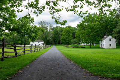 Road amidst trees and buildings against sky