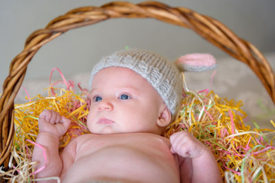 High angle view of baby in decorated basket at home during easter