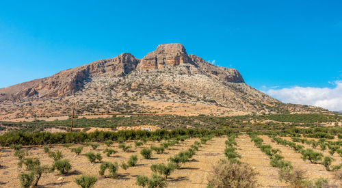 Scenic view of rocky mountains against clear blue sky