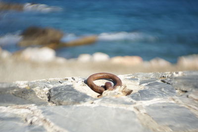 Close-up of rusty metal on rock