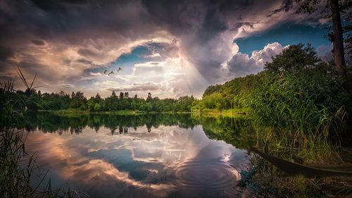 Panoramic view of lake against sky during sunset