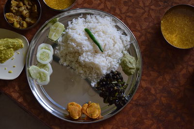 High angle view of food in plate on table