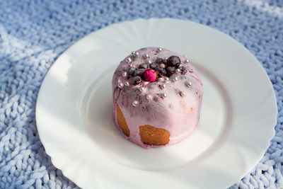 High angle view of cake in plate on table