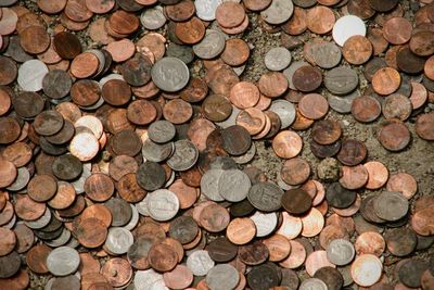 High angle view of old coins