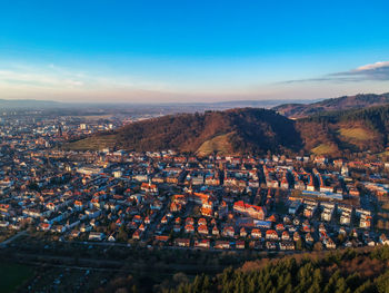 High angle view of town against sky