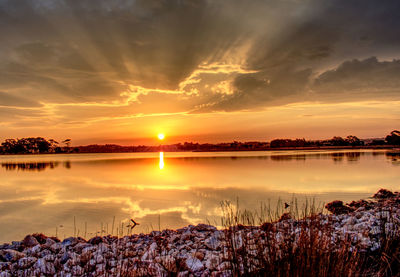 Scenic view of lake against sky during sunset