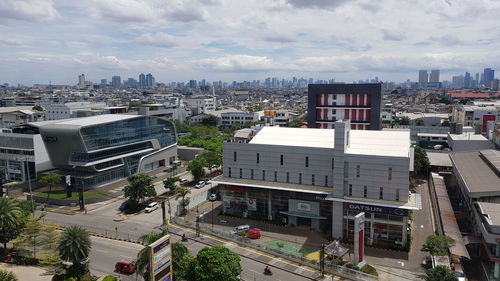 High angle view of buildings in city against sky