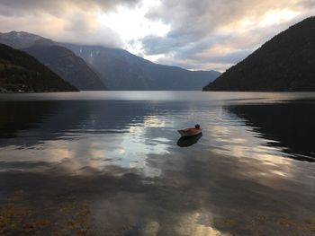 Swan swimming on lake against sky