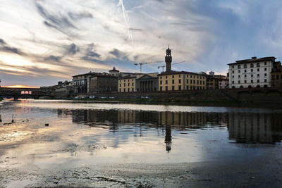 Reflection of buildings in river against sky