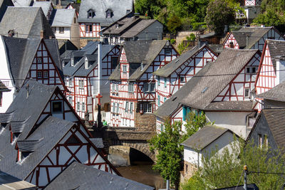 Scenic view on half-timbered houses in the village monreal, eifel, germany
