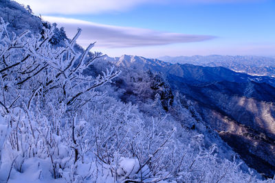 Scenic view of snow covered mountains against sky