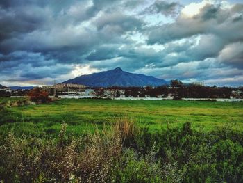 Scenic view of landscape against cloudy sky