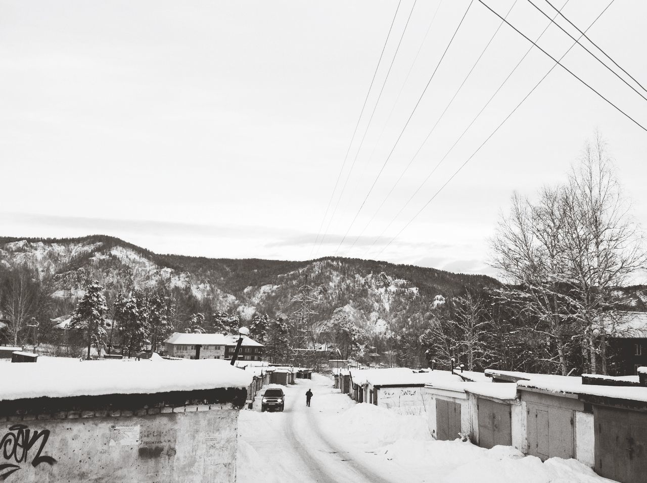 snow, winter, cold temperature, season, weather, mountain, covering, clear sky, tree, landscape, tranquil scene, nature, mountain range, transportation, power line, tranquility, scenics, beauty in nature, road, white color