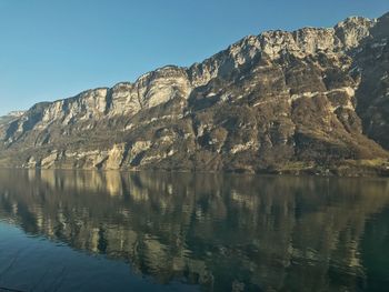 Scenic view of lake by mountains against clear sky