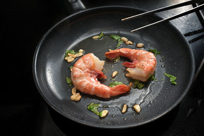 High angle view of food in cooking pan