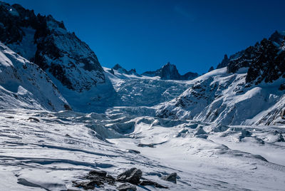 Scenic view of snowcapped mountains against clear blue sky