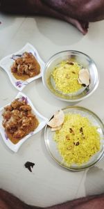 High angle view of food served on table