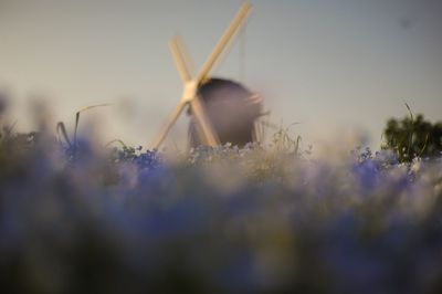 Close-up of traditional windmill on field against sky