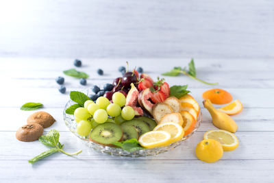 Close-up of fruits in plate on table