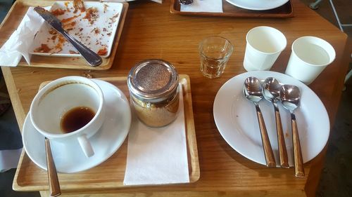 High angle view of breakfast served on table